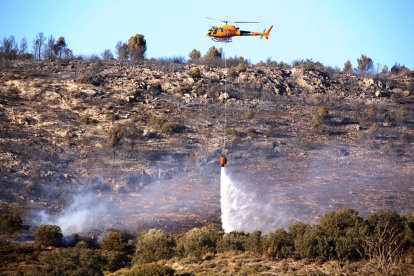 Hasta trece dotaciones de Bomberos trabajaron ayer en el incendio forestal de Castelló de Farfanya. 