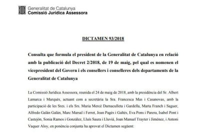 El dictamen de la Comissió Jurídica Assessora de la Generalitat conclou que el Govern espanyol ha de permetre la publicació dels nomenaments dels consellers