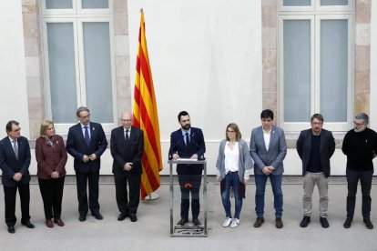 El presidente del Parlament, Roger Torrent, durante su discurso en el que pidió formar un frente común contra la represión del Estado.