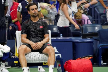 David Ferrer, con gesto de resignación tras tener que retirarse por lesión.