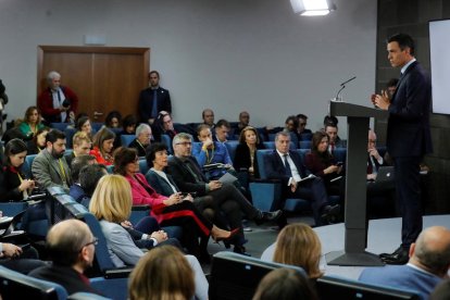 Sánchez, en la rueda de prensa de balance de estos primeros siete meses de gobierno socialista.