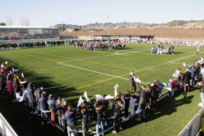 Más de 700 escolares de Alpicat celebraron la efeméride en el campo de fútbol municipal.