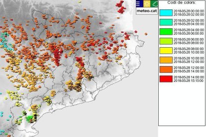 Gràfic dels llamps detectats a Catalunya aquest dilluns.