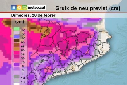 La previsió d'acumulació de neu per a dimecres.