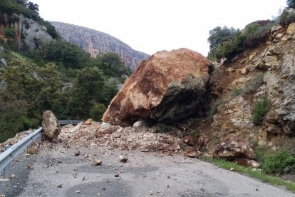 Imagen del desprendimiento de rocas que cortó ayer la L-913 en Vilanova de Meià. 