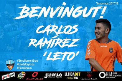 El cartell del Lleida donant la benvinguda al nou jugador.