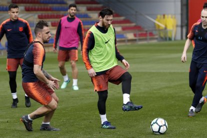 Messi, durant l’entrenament de dijous que va fer la plantilla barcelonista.