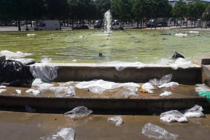 Bolsas de plástico en una fuente de Pardinyes, el año pasado.