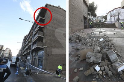 El vent fa caure part d'un balcó al centre de Lleida