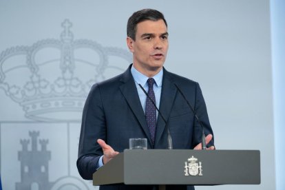 El president Pedro Sánchez durant la compareixença d’ahir.