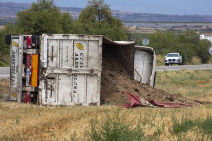 Imagen del camión cargado de gallinaza volcado ayer a mediodía.