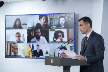 El president del Govern de l’Estat, Pedro Sánchez, ahir en roda de premsa al palau de la Moncloa.