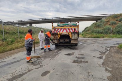 Operarios trabajando en los caminos de Alcarràs.