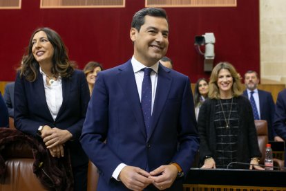 El líder del PP andaluz, Juanma Moreno, antes de su discurso de investidura, ayer en Sevilla.