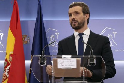 El president del PP, Pablo Casado, ahir en roda de premsa.