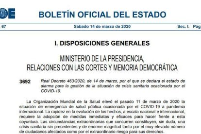 DOCUMENT | El Reial Decret de l'estat d'alarma publicat al BOE