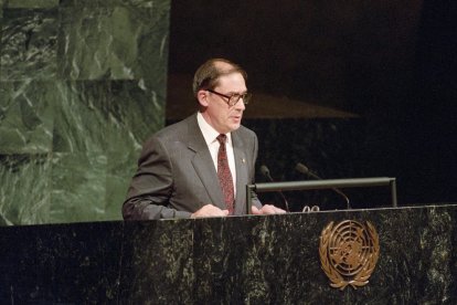 El cap de Govern, durant el discurs a l’ONU, el primer en català a les Nacions Unides, el 1993.