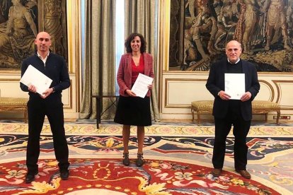 Luis Rubiales, Irene Lozano, presidenda del CSD y Javier Tebas, en su reunión del sábado.