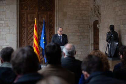 El president de la Generalitat, Quim Torra, ahir, en el transcurs de la declaració institucional.