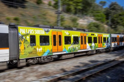 Imagen del tren rotulado con la campaña del Sobirà. 