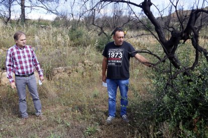 El alcalde de Bovera, Òscar Acero (i), con un payés con fincas afectadas por el incendio de 2019.