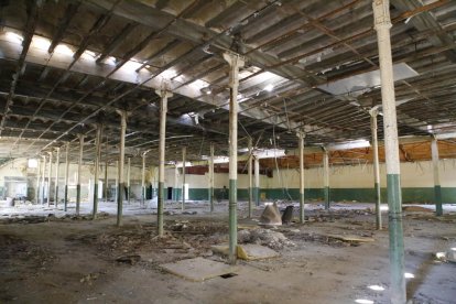 El interior de la nave central del antiguo complejo textil (izquierda) y una fachada (derecha). Las construcciones y su entorno se han deteriorado durante años de abandono.