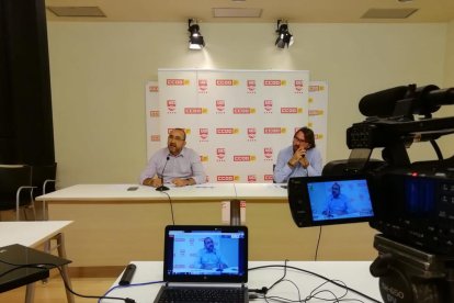 Presentació telemàtica del Primer de Maig, ahir, a Barcelona, amb els líders de CCOO i UGT.