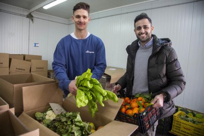 Oriol Aldomà y Marc Ibòs, ayer preparando cajas en Bellpuig. 