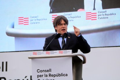 Carles Puigdemont durant una intervenció a l’acte del Consell per la República a Perpinyà.