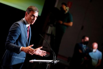 El presidente del Gobierno, Pedro Sánchez, durante la presentación este miércoles de los planes del Ejecutivo para lograr una recuperación 