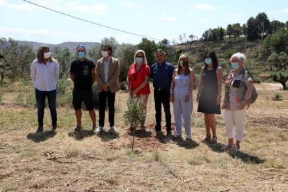 Els alcaldes de les poblacions afectades pel gran incendi de fa un any, ahir a Flix.