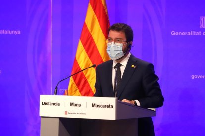 El vicepresidente de la Generalitat con funciones de president, Pere Aragonés, ayer en rueda de prensa.