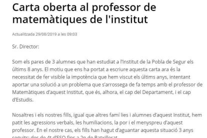 Queixes per un professor de l'institut de la Pobla de Segur