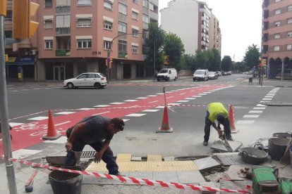 Dos operaris ultimen els preparatius del nou pas de vianants de l’avinguda de les Garrigues.