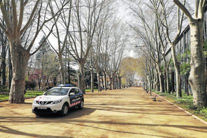 Imagen de un coche patrullando por unos Camps Elisis de Lleida completamente vacíos. 