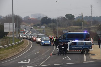 Control de los Mossos ayer por la tarde en la N-230 a la salida de Lleida hacia Torrefarrera. 