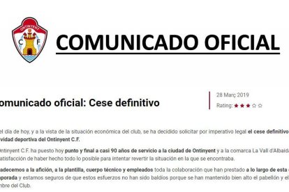 Imatge del comunicat que va fer ahir l'Ontinyent