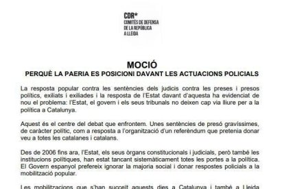 Moción del CDR de Lleida para que la Paeria se posicione ante las actuaciones policiales.