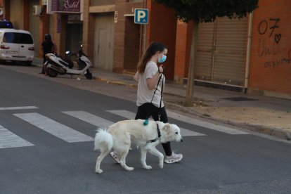 Imagen de archivo de una joven paseando con un perro.