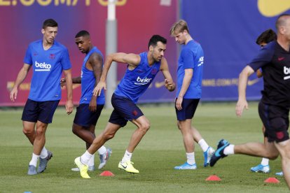 Lenglet, Malcom, Busquets y De Jong, ayer en el entrenamiento.