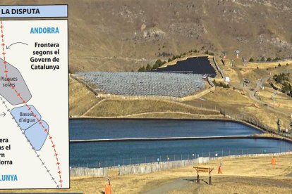 En primer terme, les basses d'aigua i al fons el parc solar. A la dreta, l'estació d'esquí.