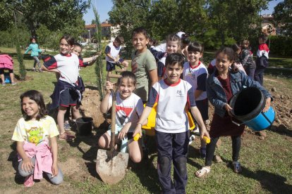 Algunos de los escolares de Agramunt que ayer participaron en una plantación de árboles. 