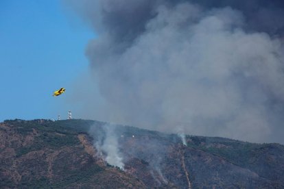 Un hidroavió sobrevola la zona cremada a Sierra Bermeja.