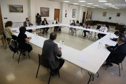 La reunión que mantuvo ayer la consellera de Agricultura, Teresa Jordà, con alcaldes del Baix Segre. 