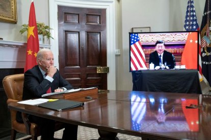 Joe Biden, en un momento de la reunión virtual con Xi Jinping.