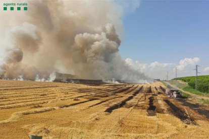 Imagen del incendio y, a la derecha, el camión en el que empezó, que se calcinó. 