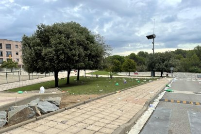 Residuos que los jóvenes que participaron en el macrobotellón dejaron en la Vila Universitària.