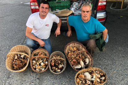 Manel Muñoz i Joan Mora, de Cervera, mostren el seu ‘botí’ després d’una jornada boletaire al Ripollès.