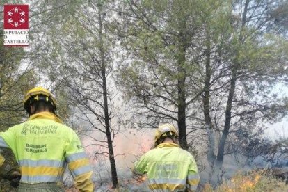 Bombers en un foc al municipi castellonenc d’Assuévar.