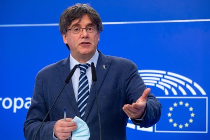 L’expresident Carles Puigdemont durant una roda de premsa el mes de juny passat des de Brussel·les.